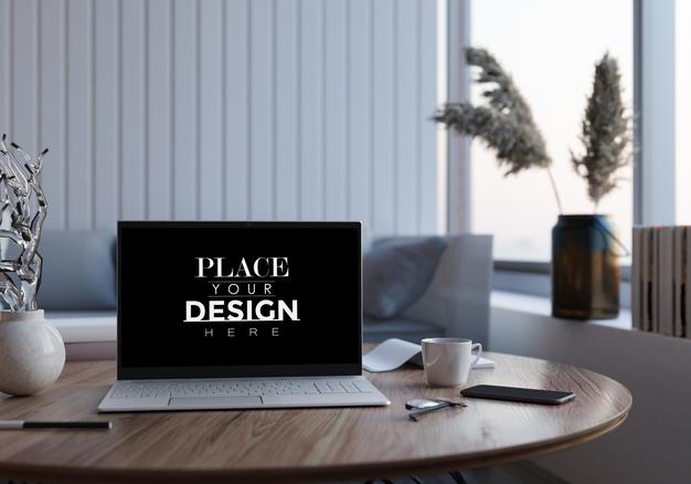 Laptop On Desk In Workspace Mockup Psd