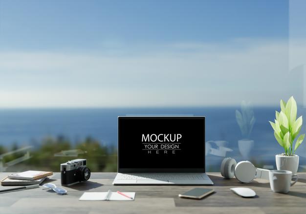 Laptop On Desk In Workspace Mockup Psd