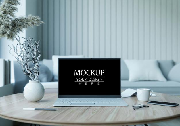 Laptop On Desk In Workspace Mockup Psd