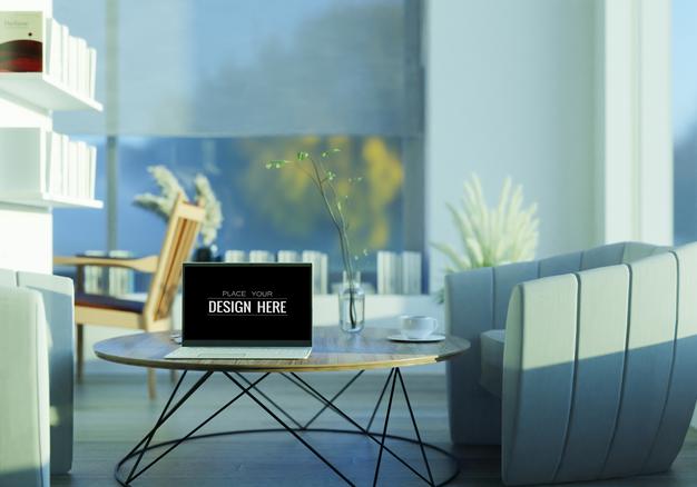 Laptop On Desk In Workspace Mockup Psd