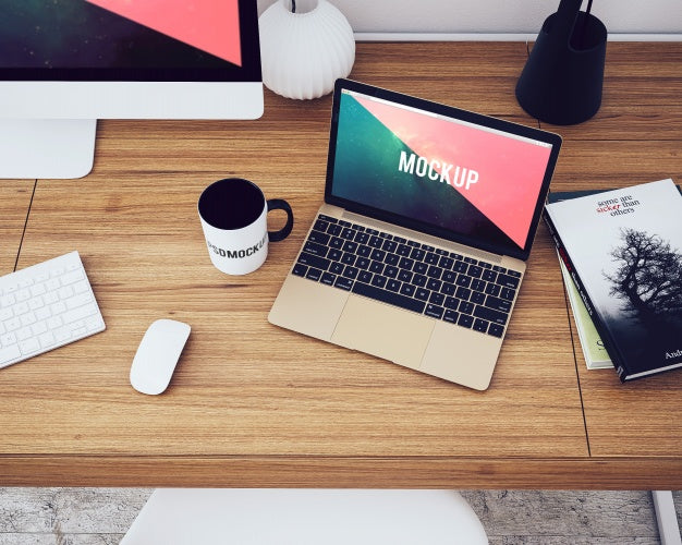 Laptop On Desktop Top View Mock Up Psd