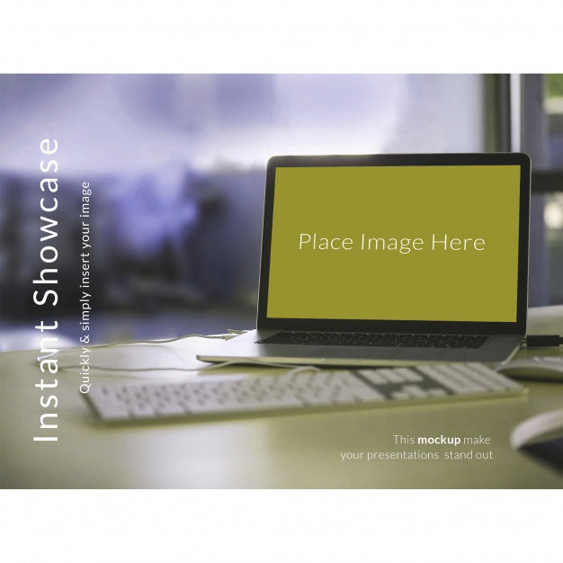 Laptop On Green Desktop Mock Up Psd