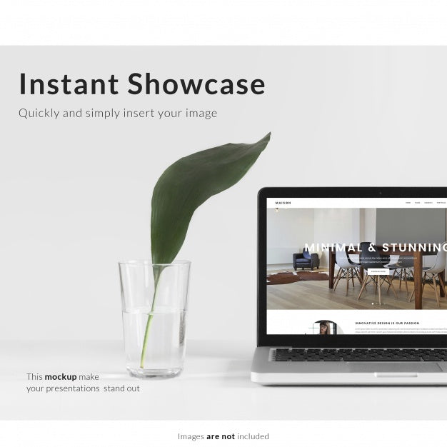 Laptop On White Table And Plant Mock Up Psd