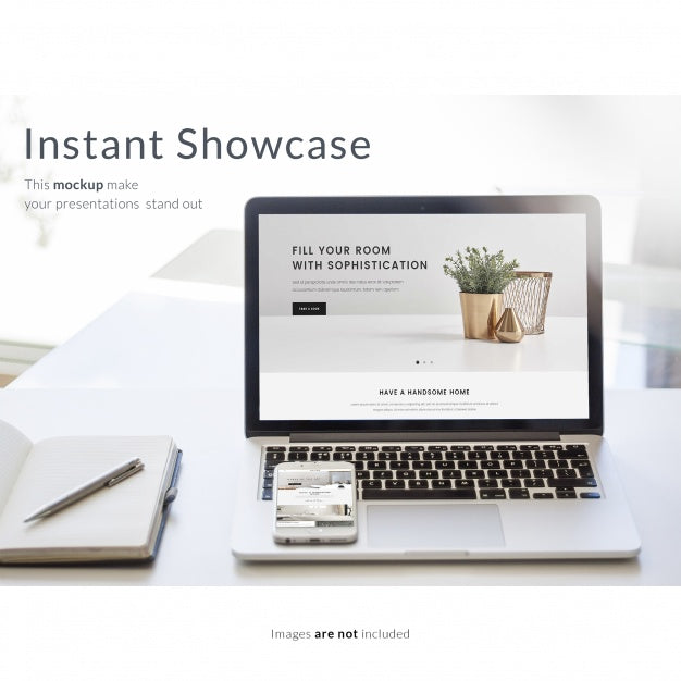 Laptop On White Table With Smartphone And Notebook Mock Up Psd