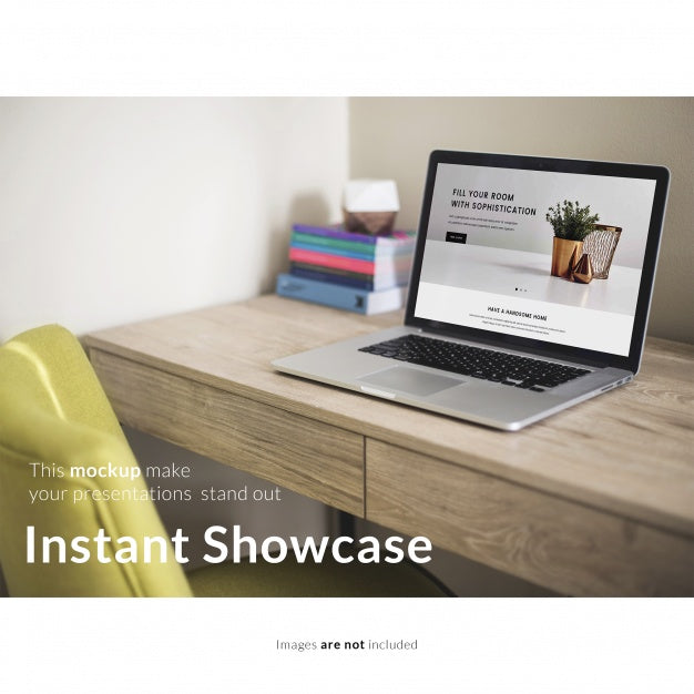 Laptop On Wooden Desktop Mock Up Psd