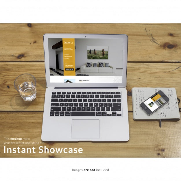 Laptop On Wooden Table Mock Up Psd