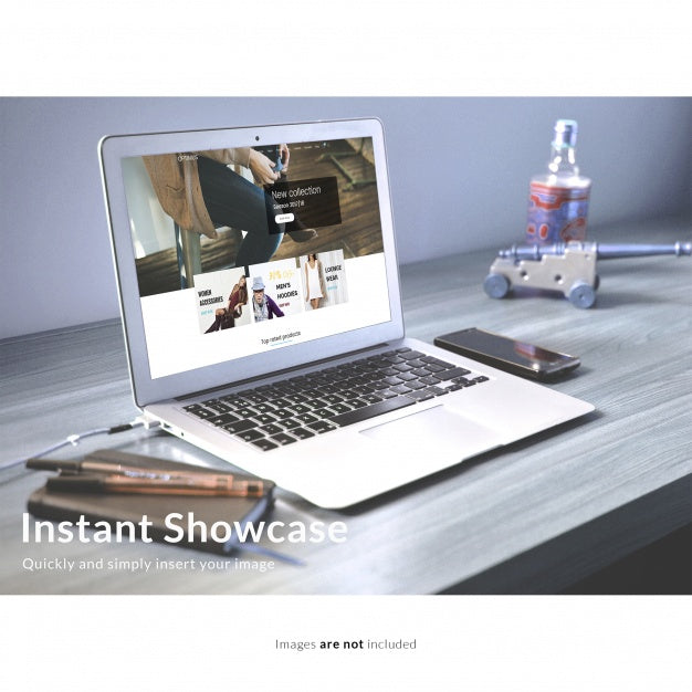 Laptop On Wooden Table Mock Up Psd