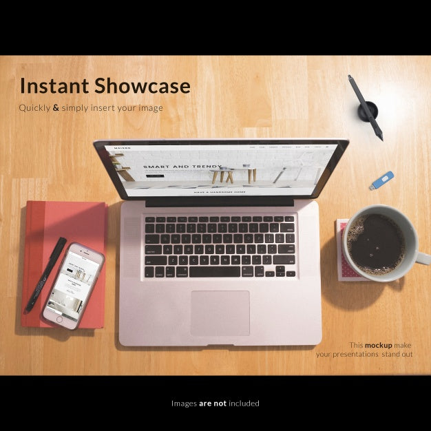 Laptop On Wooden Table With Coffee Mock Up Psd