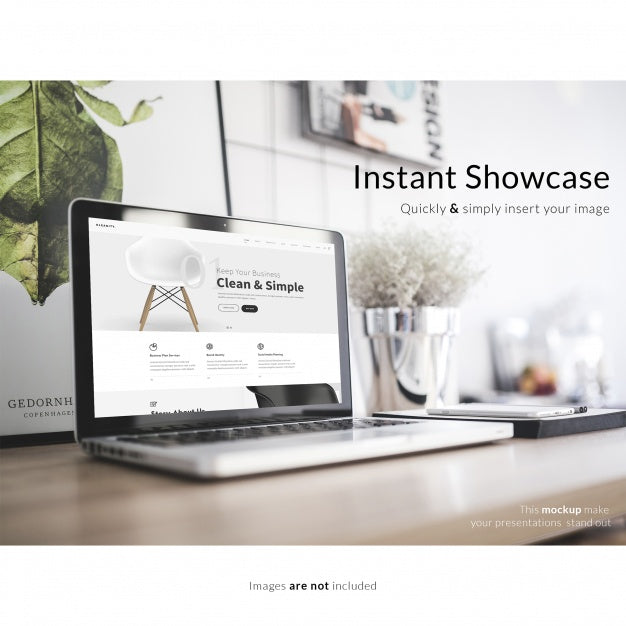 Laptop On Wooden Table With Plants Mock Up Psd