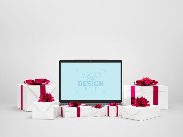 Laptop Surrounded By Presents Psd