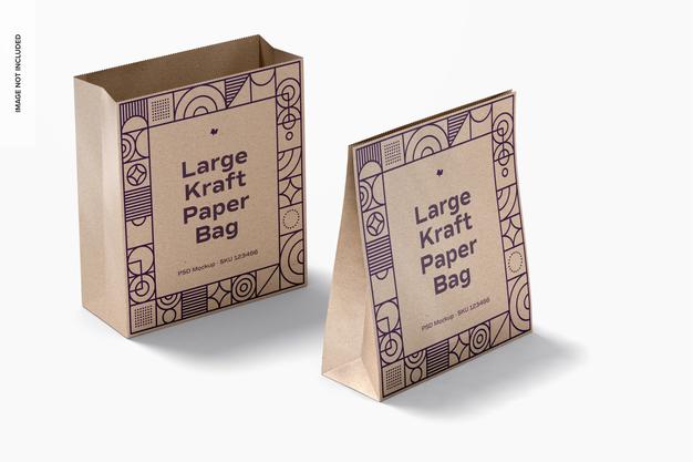 Large Kraft Paper Bags Mockup, Opened And Closed Psd
