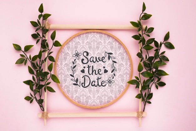 Leaves On Pink Background Save The Date Mock-Up Psd