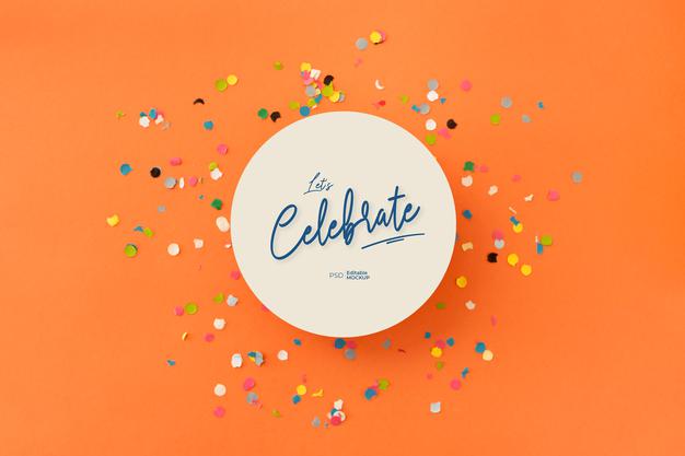 Let'S Celebrate, Rounded Card Mockup With Confetti. 3D Rendering Psd