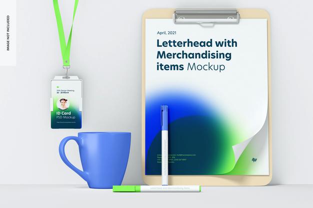 Letterhead And Merchandising Items Mockup, Front View Psd