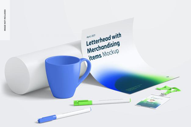 Letterhead And Merchandising Items Mockup, Side View Psd