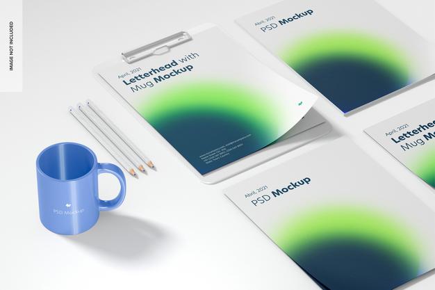 Letterhead With Mug Mockup, Close Up Psd