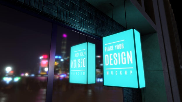 Light Blue Night Business Sign Mock-Up Psd