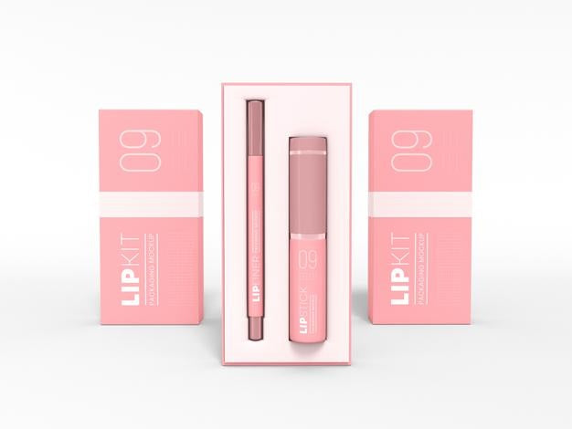 Lip Liner Lipstick Kit Box Packaging Mockup Psd