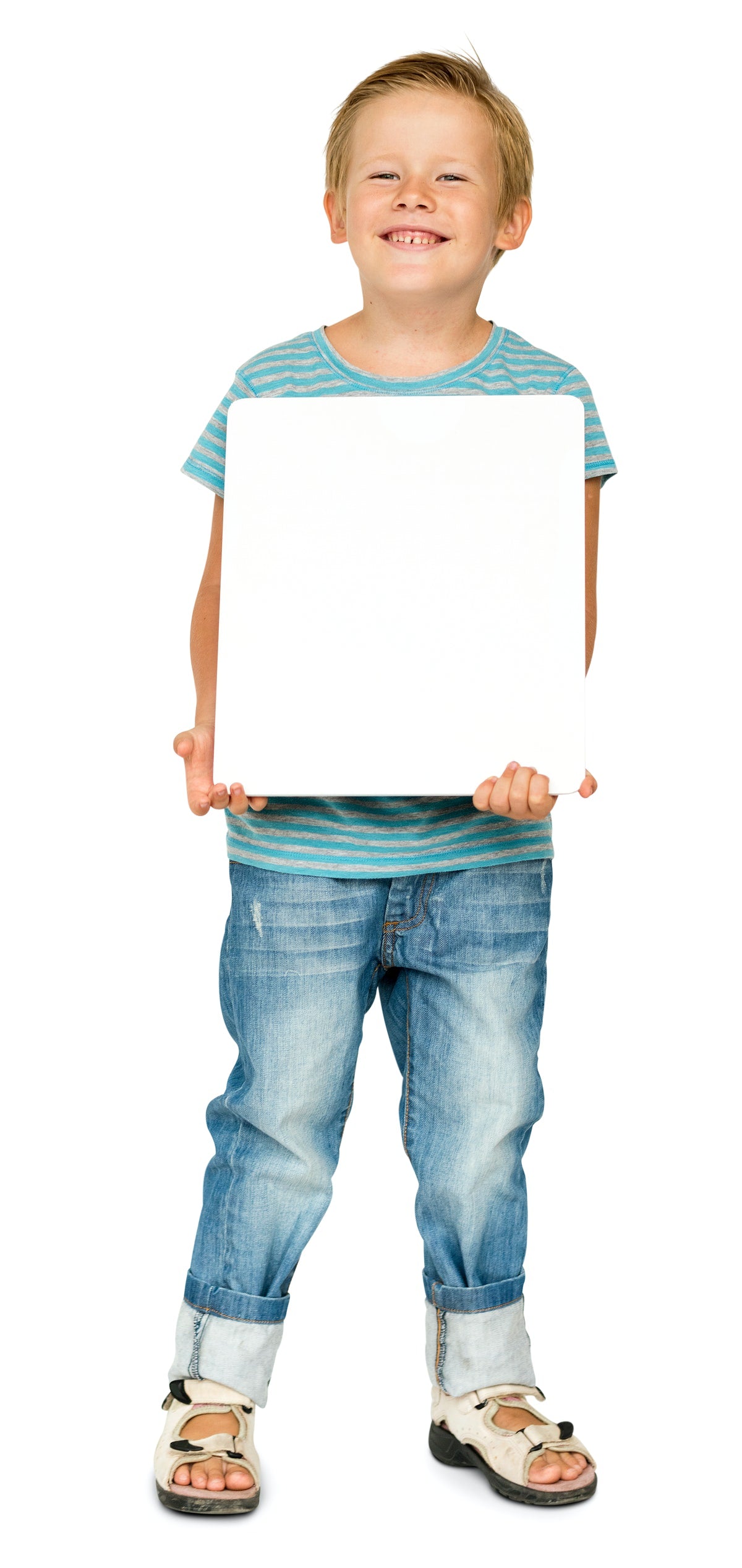 Little Boy Holding Blank Paper Board Studio Portrait