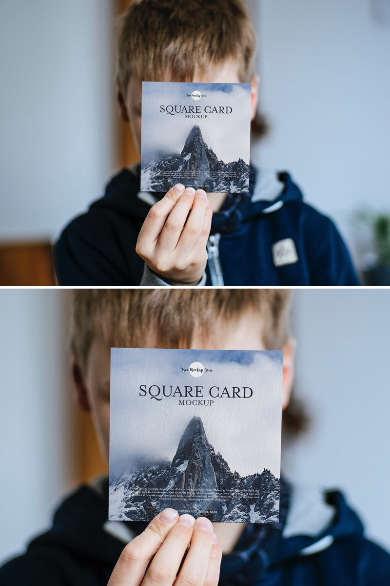 Little Boy Showing Square Card Mockup Psd