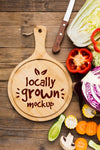 Locally Grown Veggies Mock-Up And Cutting Board Psd