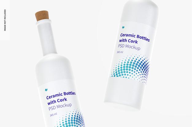 Long Neck Ceramic Bottles With Cork Mockup, Floating Psd