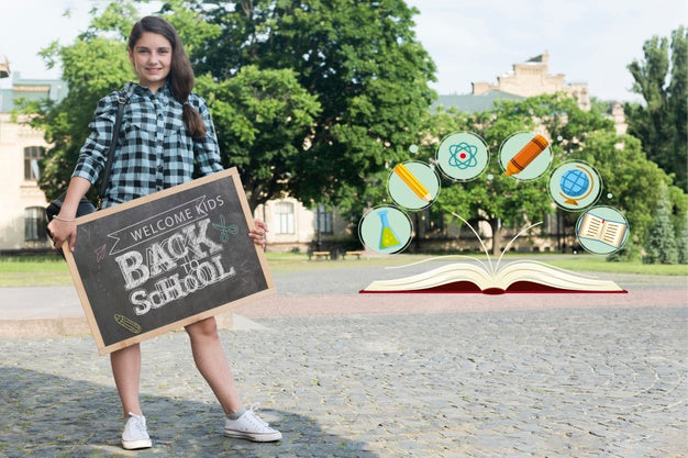 Long Shot Girl Holding A Blackboard Mock-Up Psd