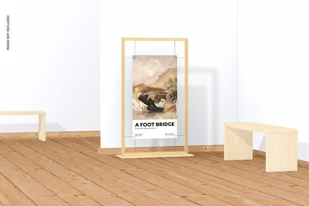 Long Wood Gallery Poster Display Mockup, Front View Psd