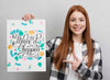 Lovely Woman Pointing At Mock-Up Psd