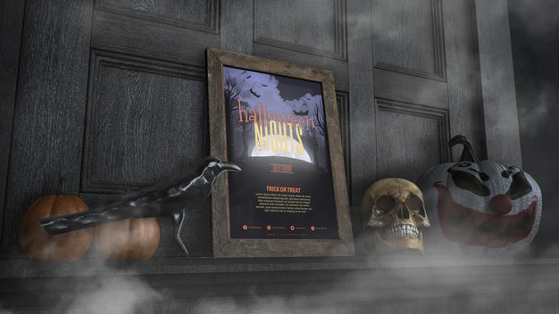 Low View Halloween Nights Frame With With Skull And Pumpkin Psd