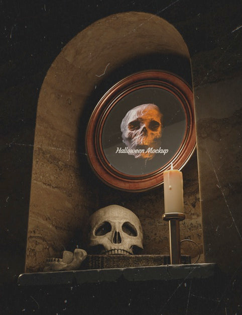 Low View Halloween Round Frame With Skull In A Wall Psd