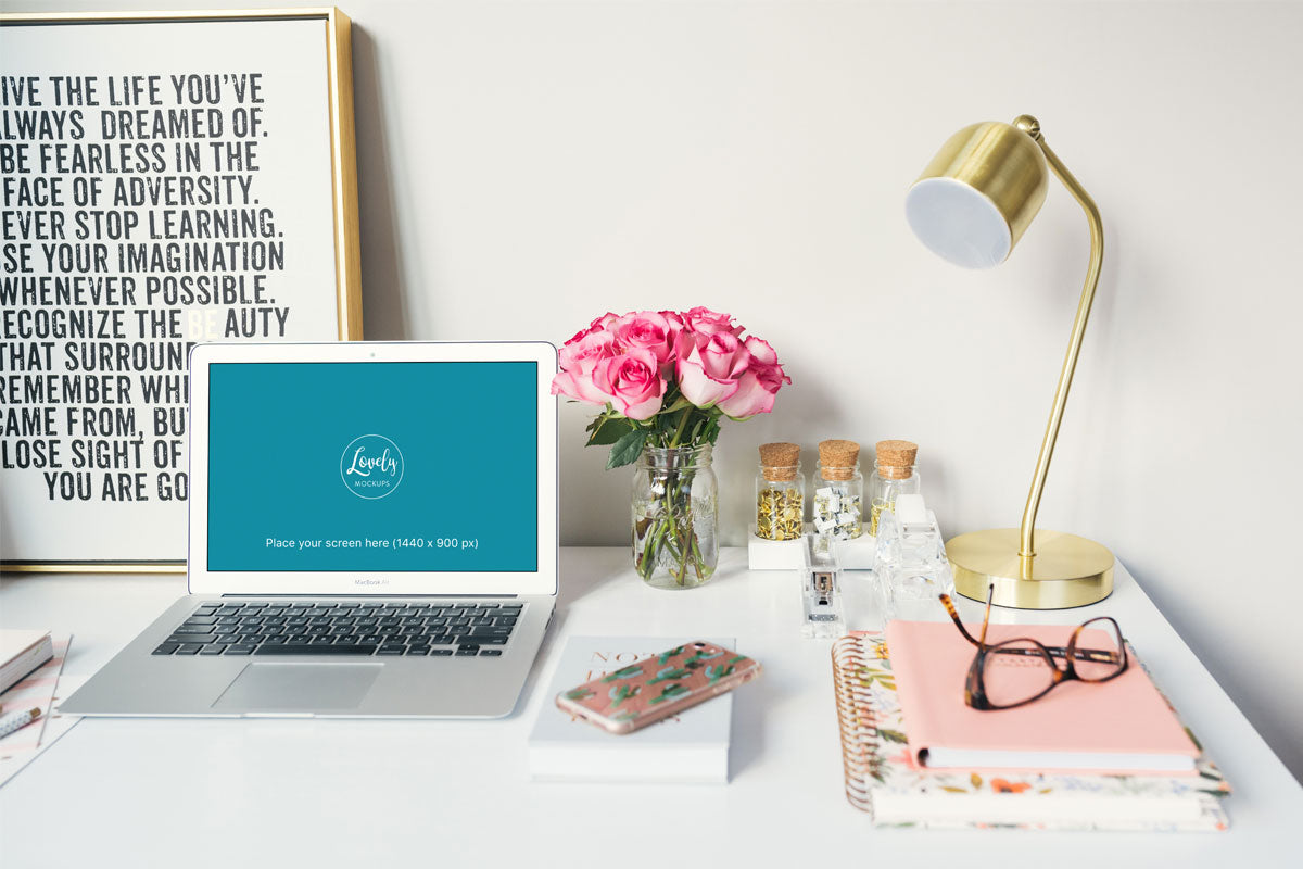 Macbook Air Mockup in Feminine Home Office