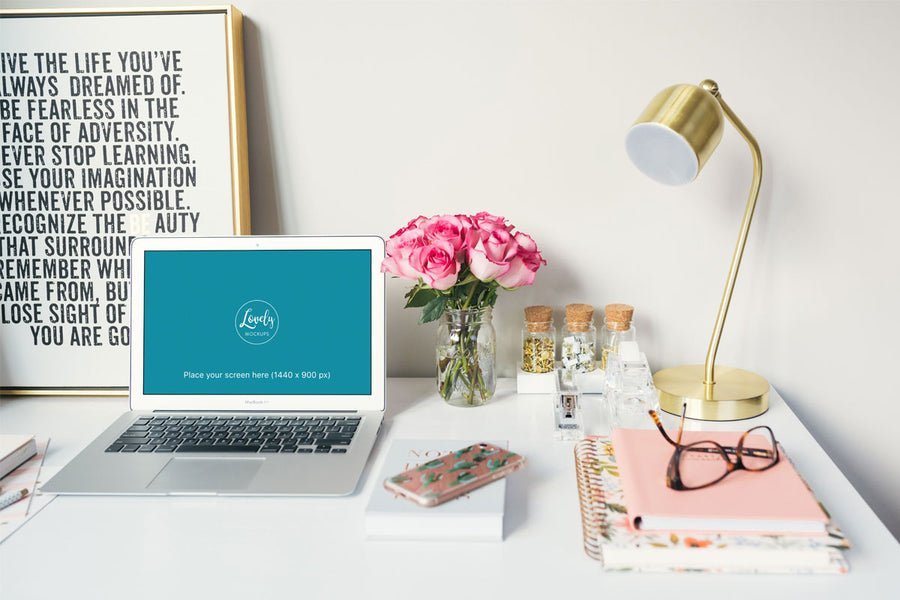 Macbook Air Mockup in Feminine Home Office