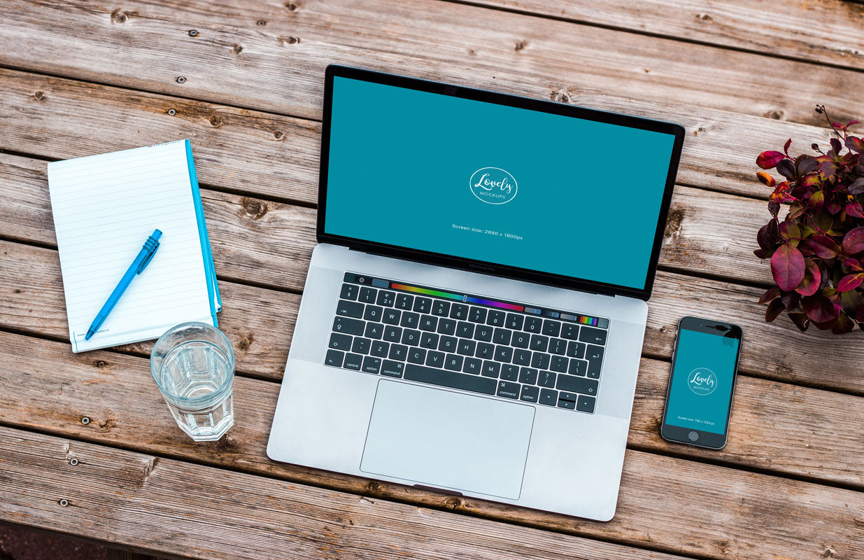 Macbook Pro and Black iPhone 7 Mockup on Wooden Table