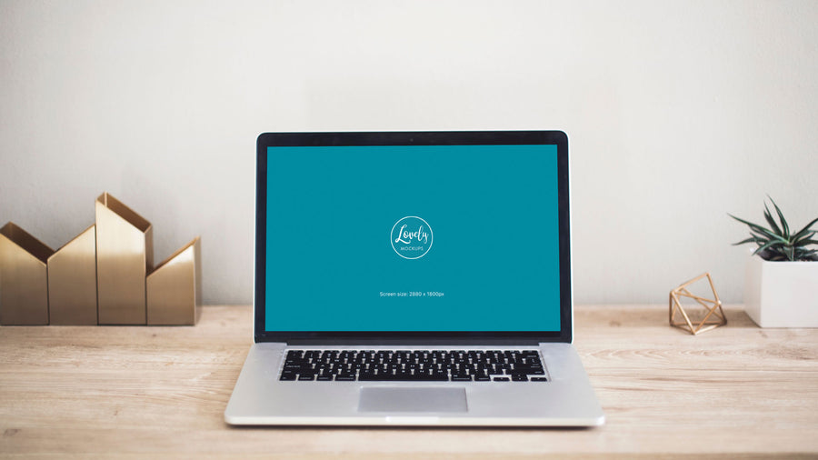 Macbook Pro 15" Mockup on Wooden Home Office Table