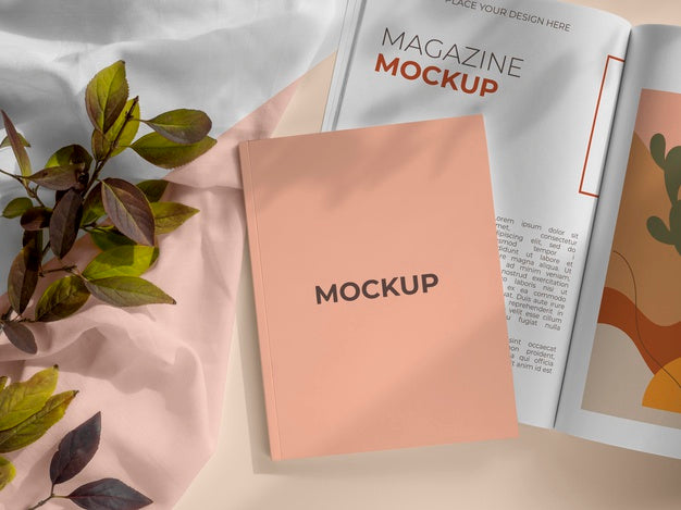 Magazine And Leaves Mockup Above View Psd