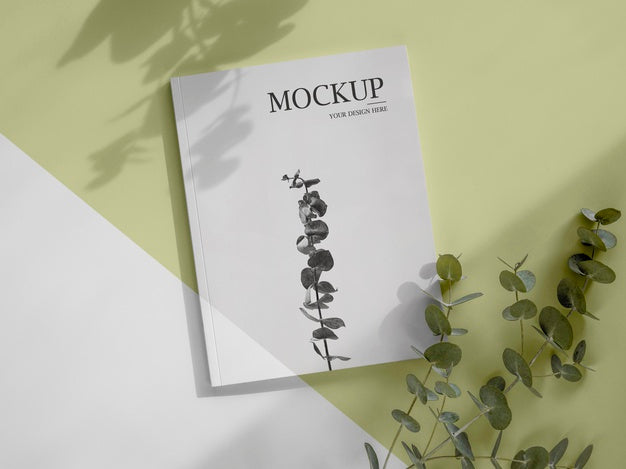 Magazine And Leaves Mockup Psd