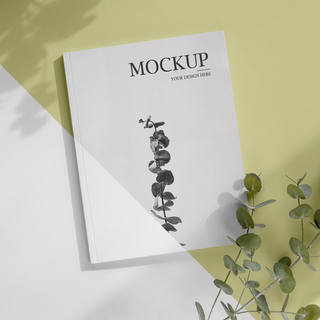 Magazine And Leaves Mockup Top View Psd