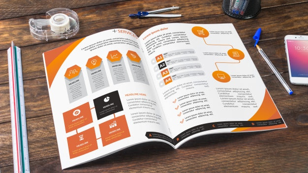 Magazine And Smartphone Mockup On Wooden Table With Pens And Rulers Psd