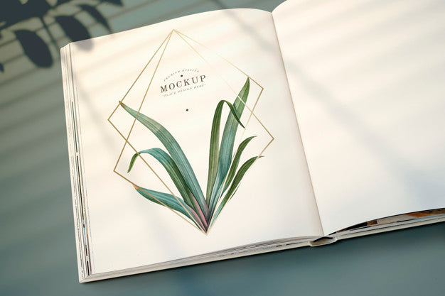 Magazine Mockup With Leaves And Golden Frame Psd