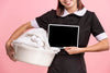 Maid With Towel Holding Tablet Mock-Up Psd