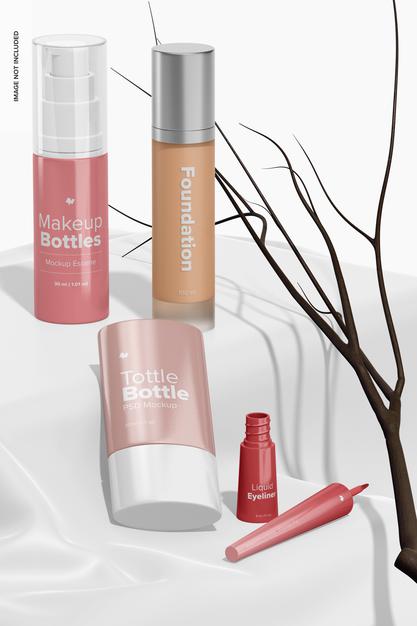 Makeup Bottles Scene Mockup, Standing And Dropped Psd