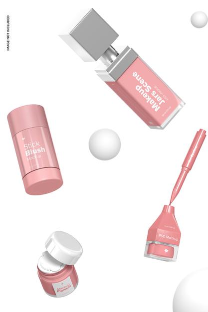 Makeup Jars Scene Mockup, Falling Psd