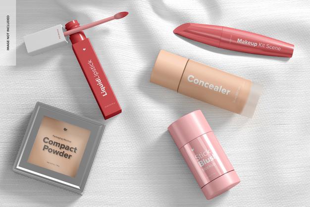 Makeup Kit Scene Mockup, Top View Psd