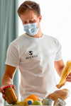 Male Volunteer With Medical Mask Preparing Food Donation Box Psd