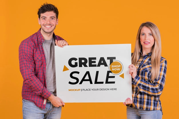 Man And Woman Holding A Sign Concept Mock-Up Psd