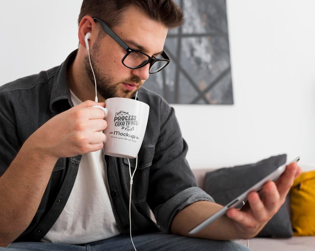 Man At Home Drinking From Mug Mock-Up Psd