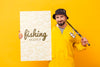 Man Holding Rod And Mock-Up Vertical Card Psd