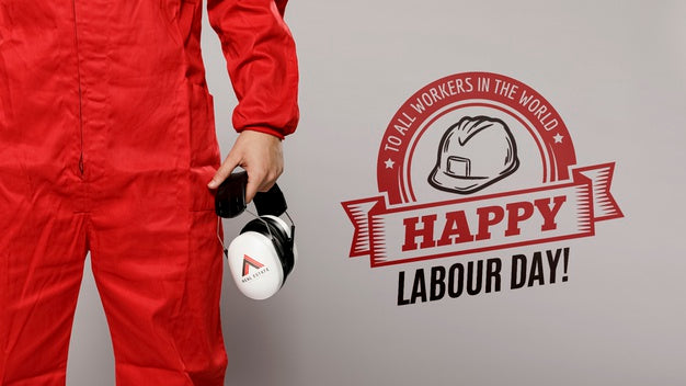 Man In Red Holding Protection Earmuffs Labour Day Psd