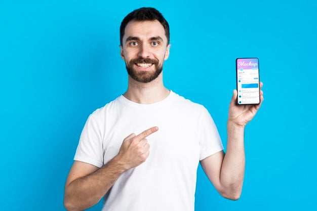 Man In White Shirt Showing Mobile Phone Front View Psd